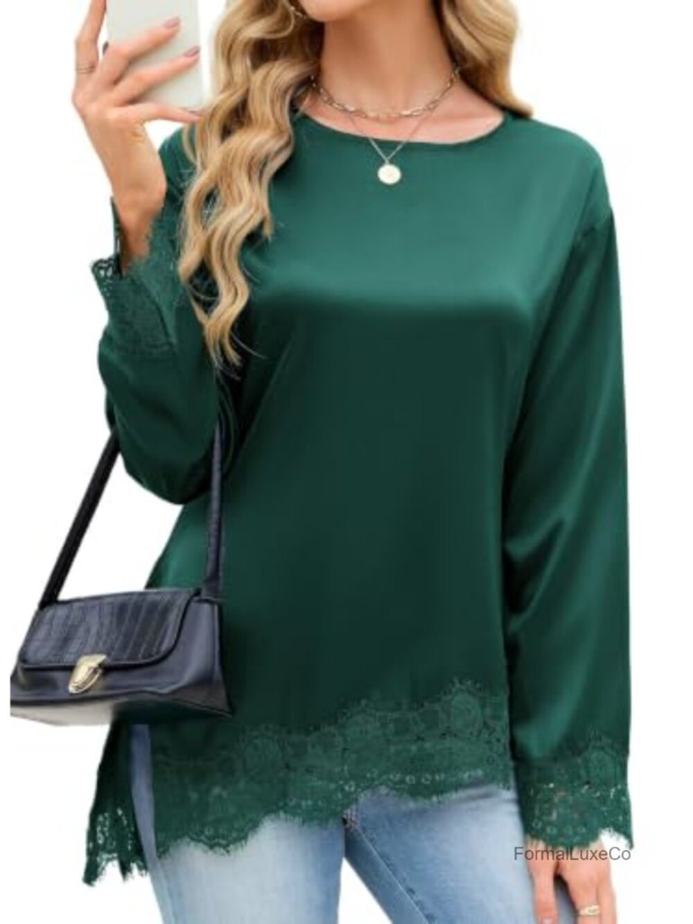 Women's Lace Cuff Satin Blouse Asymmetrical Long Sleeve Top